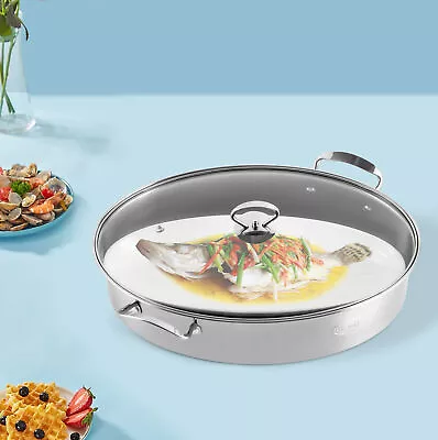 33cm Oval Stainless Steel Food Steamer Cooker Pot Vegetable Fish W/Glass Lid USA • $43