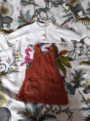 £0.99 • Buy Baby Girls Outfit Brown Ribbed Dungarees Dress + White Cardigan 0-3 Months
