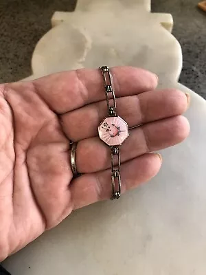 Vintage Sterling Paper Clip Link Bracelet PINK Enamel Guilloche Rose 6.5” • $49.95