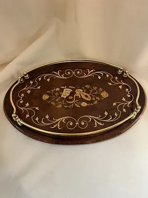 Vintage Italian Marquetry Inlaid Wood Tray W/Brass Rail/Handles - Excellent • $49.99