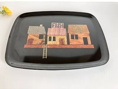 Vintage Couroc Island Fish Shack Resin Bar Tray Wood Brass 12.5  X 9.5  Tiki Bar • $24.95