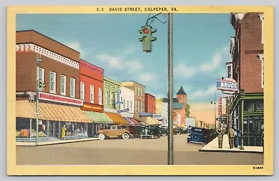Postcard Culpeper VA Davis St Showing Drug Store People Stoplight And Autos • $5.75