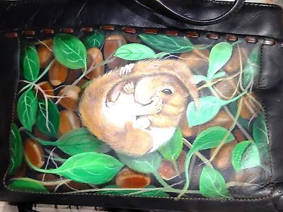 Jfw Black Leather Sml Shoulder Bag 2 Handle Hand Painted Curled Dormouse Acorns • £39.99