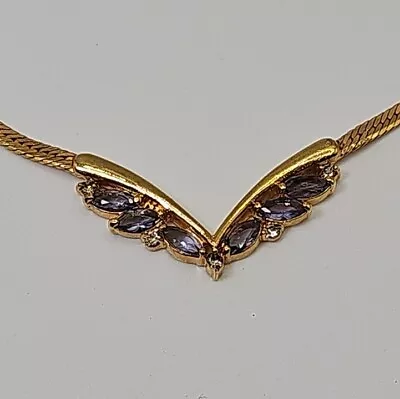 Avon SP Faux Amethyst Clear Rhinestone V Shape Necklace Gold Tone 19” Vintage • $12.60