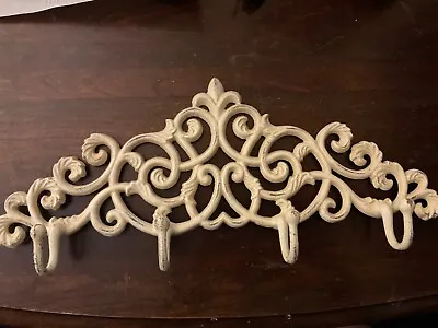 Vtg 4 Hooks Wall Coat Towel Hanger Cast Iron Metal White Distress Farmhouse 16” • $19.50