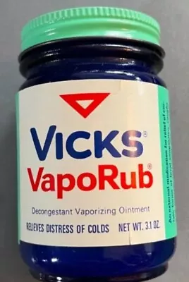 Vintage Vicks VapoRub Cobalt Blue Glass Jar Green White Label & Metal Lid 3.1 Oz • $14.99