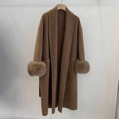 2024 Women Winter Cashmere Wool Coats Real Fur Cuff Long Collar Trench Coats • $147.95