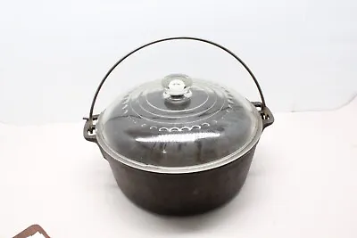 Unmarked Wagner Cast Iron 10-1/2 Dutch Oven & Glass Lid 5 Qt • $49.99