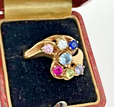 Vintage Designer 14k Yellow Gold Multicolor 7 Gemstone Fancy Swirl Ring S 8 • $395