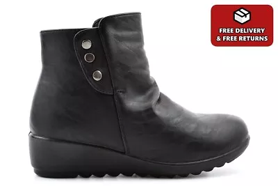 Womens Ankle Boots Wide Open Entry Warm Thermal Zip And Press Stud Fasten Black • $41.73