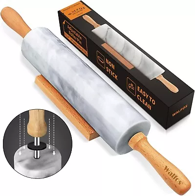 Walfos 16.5  Marble Rolling Pin With Wooden Handles & Wood Cradle W/Baking Mat • $20