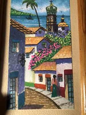 Vallarta Mexican Watercolor Cityscape Woman And Mission Signed Rhezga • $38