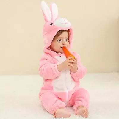 Baby Girls Pink Rabbit Bunny Costumes Fancy Dress Infant Toddler Hoodie Rompers • £16.58