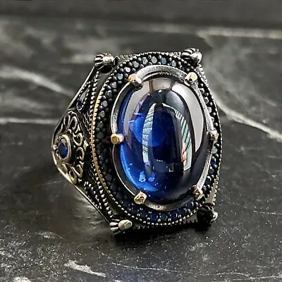 Men's Oval Blue Sapphire Gemstone Silver Ring Silver French Royal Ring Royalty • $66