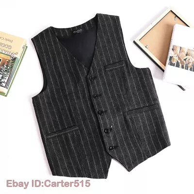 Mens British Retro Herringbone Vest Slim Woolen Blend Single Breasted Waistcoat • $46.16