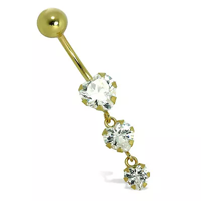 9ct Gold & Triple CZ Crystal Heart Ball End Belly Bar Piercing 17Ga Tummy Love • £75