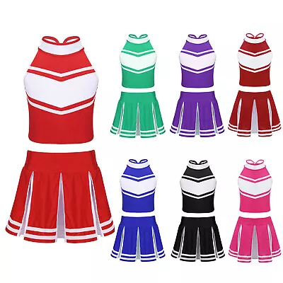 Girls Cheer Leader Costume Cheerleading Outfit Uniform Tops With Pleated Skirt • £5.99