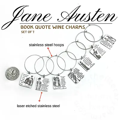 $28 • Buy JANE AUSTEN Book Quote Wine Charms Beverage Drink Markers 7 Piece Set Host Gift