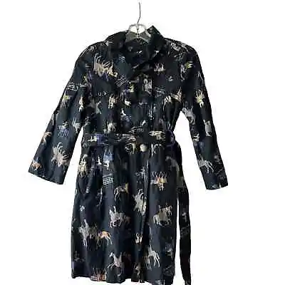 McGinn Knightsbridge Equestrian Print Jacket Womens Size M 36 Wool Blend Belted • $59.99