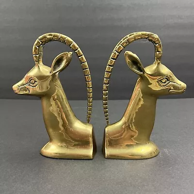 VTG MCM Brass Bookends Antelope Ibex Gazelle Mid Century Modern Set Of 2 Patina • $53.99