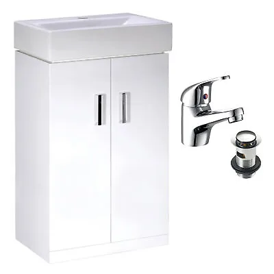 450mm Gloss White 2 Door Vanity Basin Sink Unit Chrome Single Lever Tap & Waste • £165