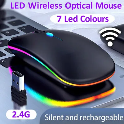 £6.95 • Buy Slim Wireless LED Light Mouse Rechargeable Cordless Mice For PC Laptop + USB