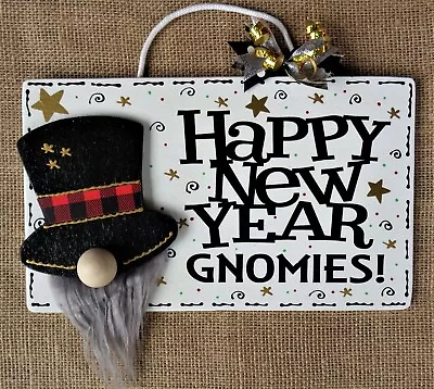 HAPPY NEW YEAR GNOMIES SIGN Wall Door Plaque Wreath Addition Holiday Hanger • $13