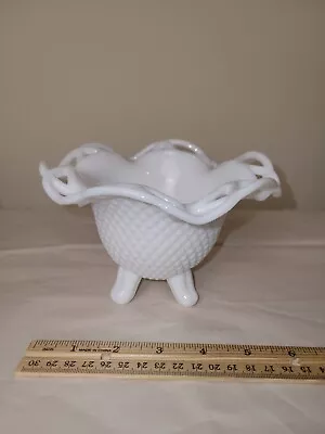 Imperial White Milk Glass Four Footed Bowl English Hob Nail With Lace Edge • $12