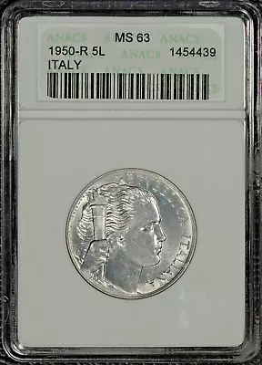 Italy 5 Lire 1950R MS 63 Vintage ANACS Holder • $34