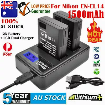 2X EN-EL14 EN-EL14A Battery & DUAL LCD Charger For Nikon D5100 D3100 D3200 D3300 • $34.99