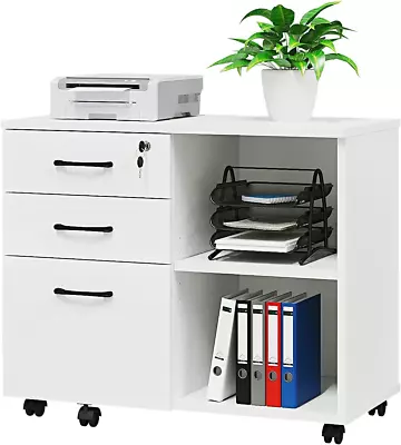 Wood File Cabinet 3 Drawer Mobile Lateral Filing Cabinet On Wheels Printer White • $116.99