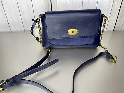 New! Fossil Gabriella Navy Blue Leather & Suede Flap Crossbody Bag Handbag • £119.07