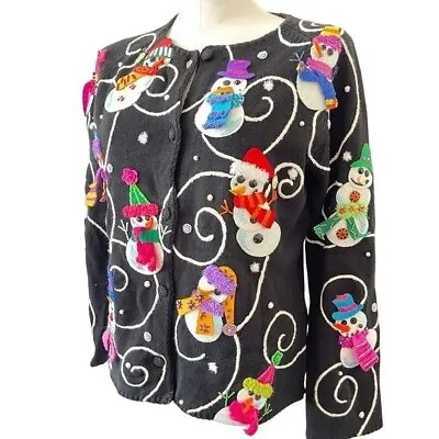 Michael Simon Cardigan Snowman Beaded Wearable Art Holiday Sweater Small Vintage • $127.88