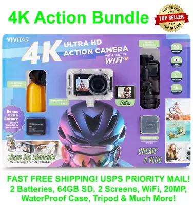 NEW Vivitar 4K Ultra HD Action Camera Bundle WiFi 2 Screens + 64GB SD 🔥 GoPro • $48.88