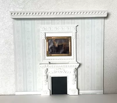 Dollhouse Miniature Wall With A Beautiful  White Fireplace And Crown Molding • $85