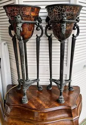 Maitland Smith Torchiere Pair Of Bronze Table Lamps Lion Head Paw Feet Tortoise • $1125