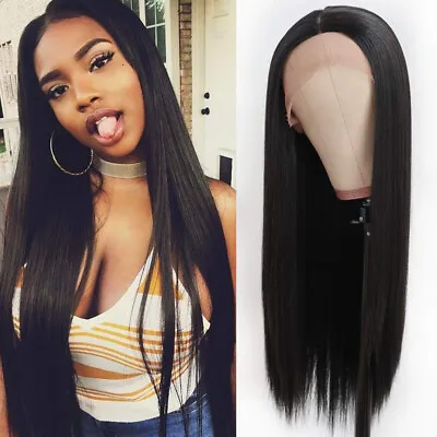 Heat Resistant Synthetic Lace Front Wigs Long Black Straight Glueless Soft Hair • $27.90