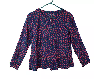 Girls L 14 Vineyard Vines Cherry Floral Top Peplum Navy Blue Red • $14.99