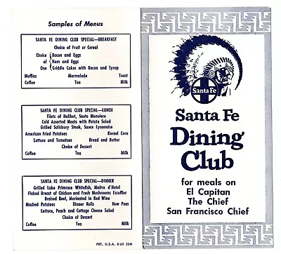 $4.99 • Buy Atchison Topeka & Santa Fe ATSF El Capitan & Chief Dining Car Club Menu 1963