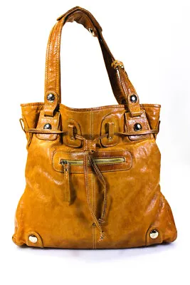 Gustto Womens Leather Gold Tone Drawstring Shoulder Handbag Brown • $60.99