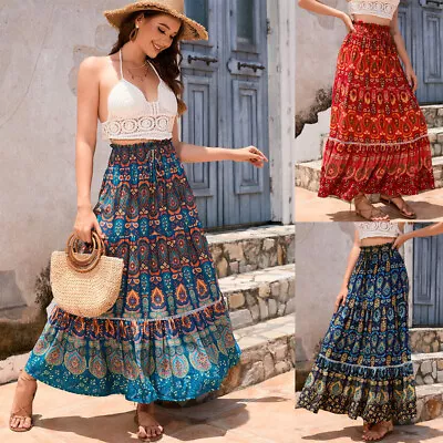 Bohemian Skirt Patchwork Long Dress Boho Ethnic Print Vintage A-line Pleated ♪ • $19.99