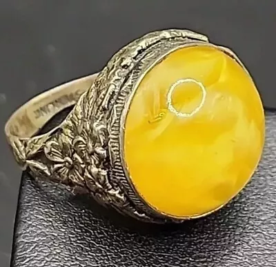 Vintage Antique Marbled Yellow Agate Sterling Silver Signet Floral Ring Size 6  • $29.99