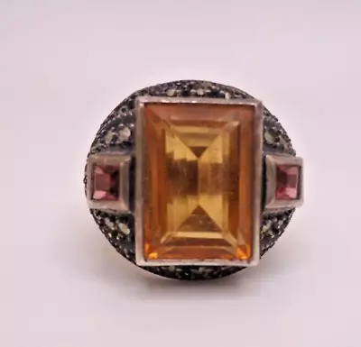 Vintage Judith Jack Sterling Marcasite Citrine & Garnet Ring Size 6 • $15