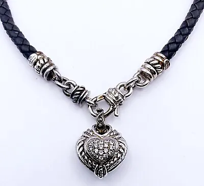 JUDITH RIPKA Braided Leather Necklace Sterling Silver 925DIAMONIQ Heart Pendant • $99.99