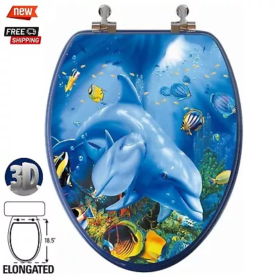 3D Dolphin Elongated Toilet Seat Blue Ocean Nautical Beach Themed Bathroom Decor • $92.76