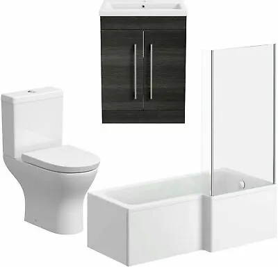 Bathroom Suite 1700mm RH L Shape Bath Screen WC Basin Vanity Unit Charcoal Grey • £609.98