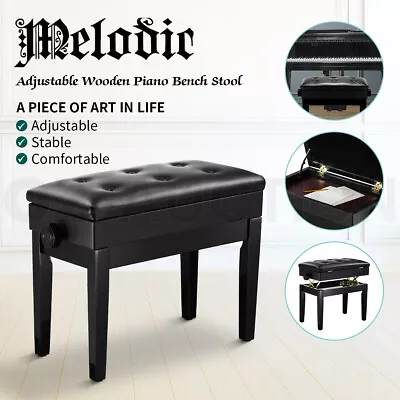 Melodic Adjustable Piano Bench Stool Wood Keyboard With Built-in Storage Black • $119.95