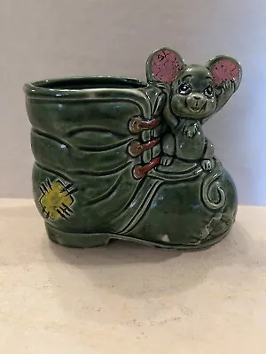 Vintage Green Mouse In Boot Planter Ceramic D3 • $12