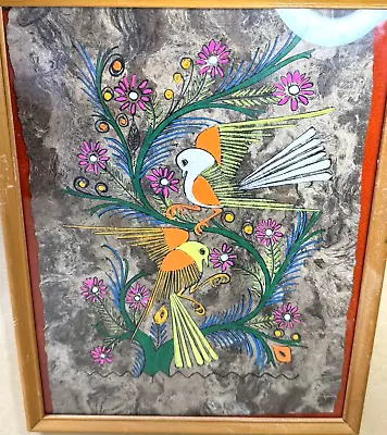 1970's VTG Mexican Folk Art Bird Hand Painted Gouache On Bark Paper Vibrant • $20