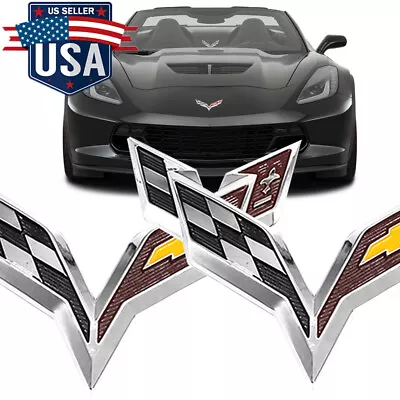 2PCS Set For Corvette C7 2014-2019 Chrome Black Front & Rear Cross Flags Emblem • $16.99